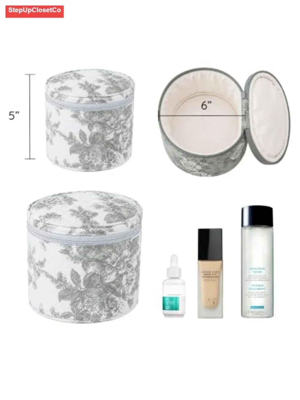 Set of 2 Hand Embroidered 100% Linen Cylinder Cosmetic Storage Boxes with Zipper